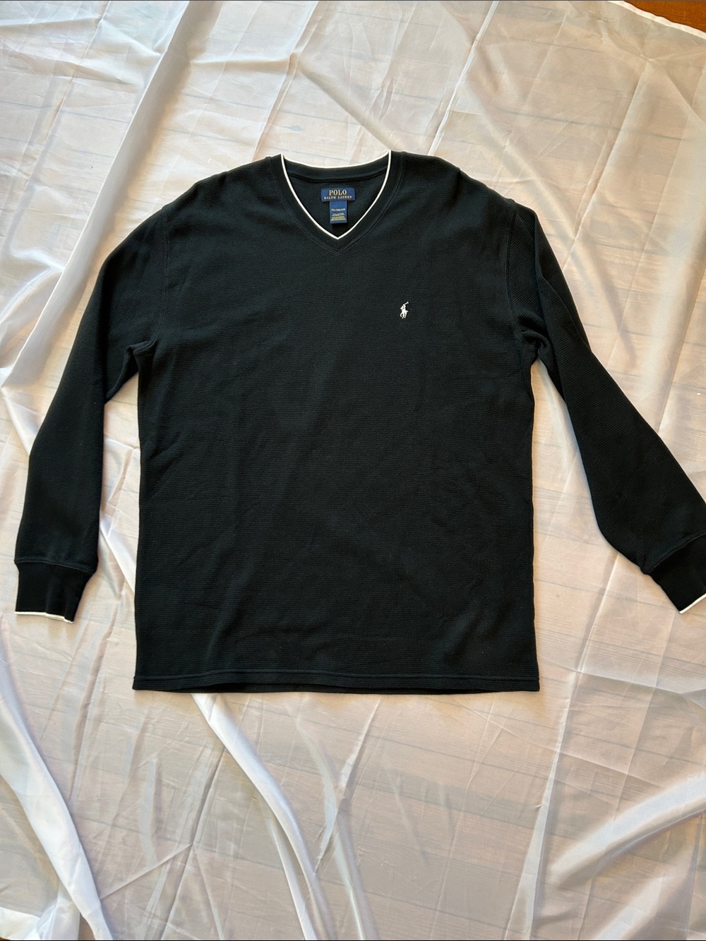 Polo by Ralph Lauren Black V-Neck Sweater with Cream Trim